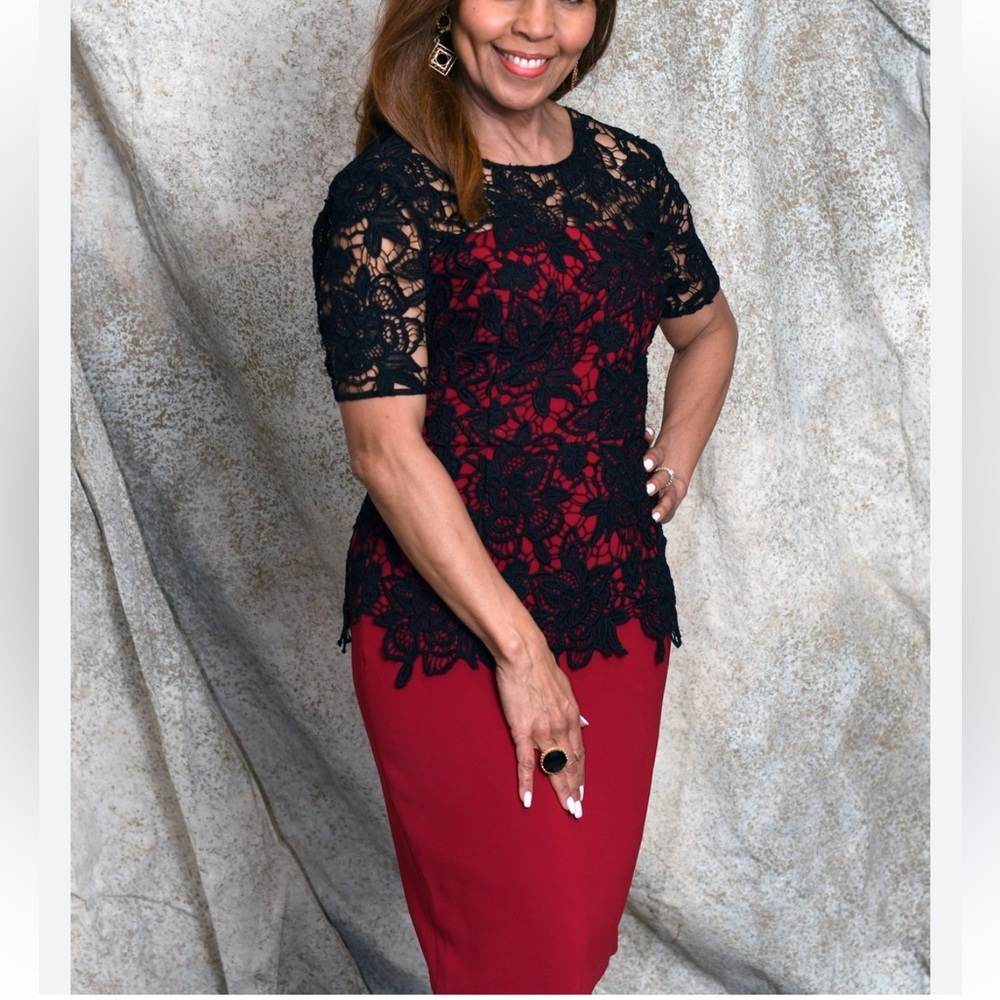 Anthropologie Sachin And Babi Red and Black Lace Overlay Dress